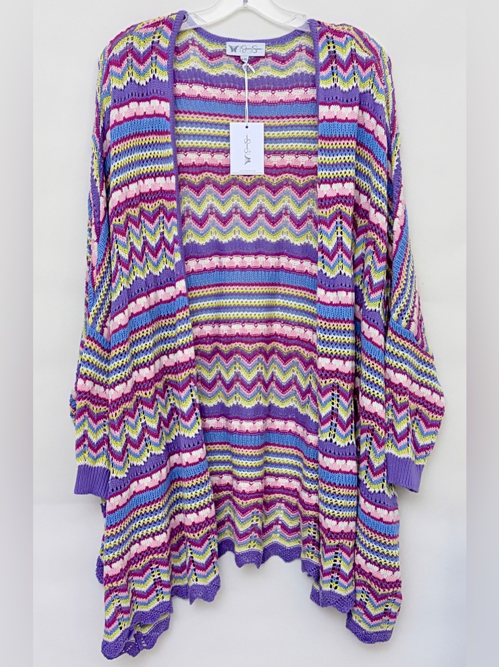 Jessica Simpson Kayla Kimono Cardigan Purple Multicolor Crochet Knit L/XL